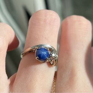 14kt solid gold blue star sapphire cabochon diamond accent pinky ring size 3.75